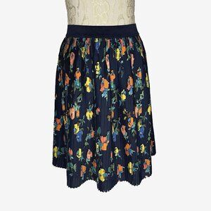 Navy Blue Floral Womens XXL Pleated Skirt Multicolor Flower Knee Length Lined